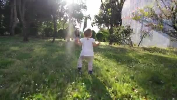 Küçük Kız Yeşil Çimlerin Üzerinde Yürüyor Kollarını Çömelmiş Annesine Doğru — Stok video