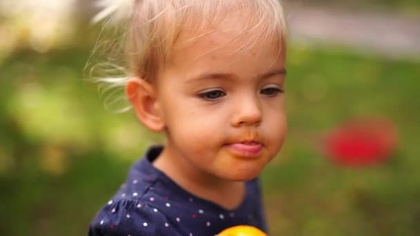 Little Girl Dirty Face Eats Persimmon High Quality Footage — Stok video