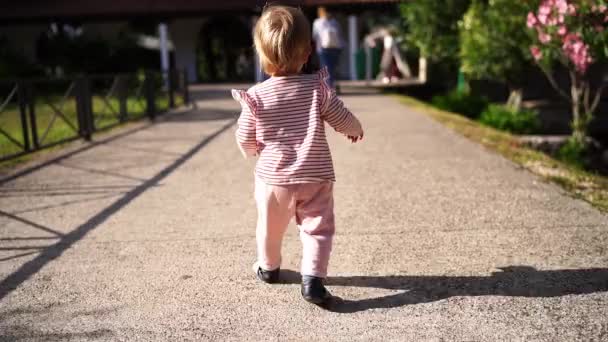 Μωράκι Περπατάει Στο Μονοπάτι Για Κιόσκι Πίσω Όψη Υψηλής Ποιότητας — Αρχείο Βίντεο