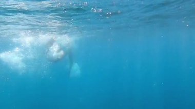 Man swims underwater paddling his arms and dangling his legs. High quality FullHD footage