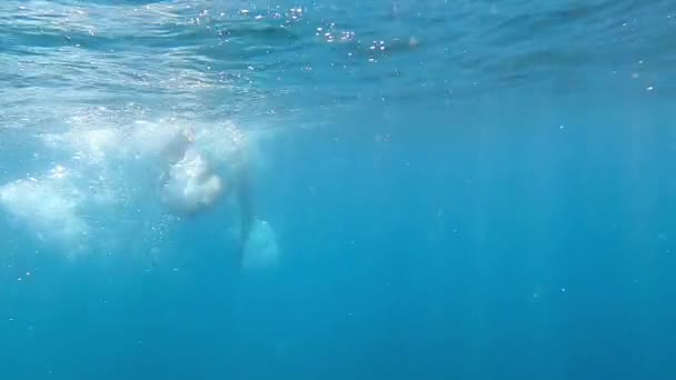 Man Swims Underwater Paddling His Arms Dangling His Legs High — Stockvideo