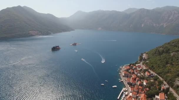 Aerial View Coast Perast Islands Kotor Bay High Quality Footage — Vídeos de Stock