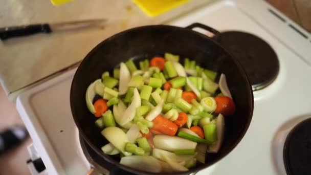 Woman Adding Chopped Rosemary Vegetables Frying Pan High Quality Footage — Stock videók