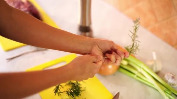 Kok Verwijdert Rozemarijnbladeren Uit Een Tak Hoge Kwaliteit Beeldmateriaal — Stockvideo