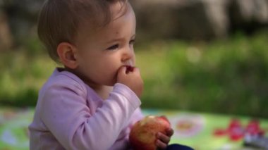 Küçük kız parkta bir battaniyeye oturur ve yavaşça bir elma yer. Yüksek kalite 4k görüntü