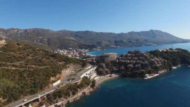 Hotel Dukley on the coast of Budva at the foot of the mountains. Montenegro. High quality 4k footage