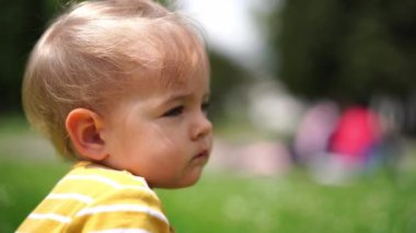 Little girl sits on the lawn and eats a cucumber. Profile. High quality 4k footage