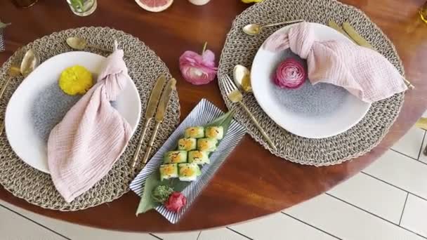 Green Uramaki Set Rectangular Dish Stands Laid Festive Table High — Stock videók