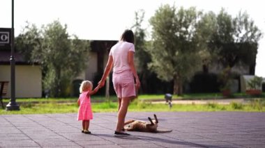 Little girl hides behind her mom legs from a dog who falls on her back to be petted. High quality 4k footage