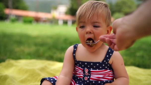 小女孩坐在绿色草坪上的毛毯上 用勺子喂她 高质量的4K镜头 — 图库视频影像