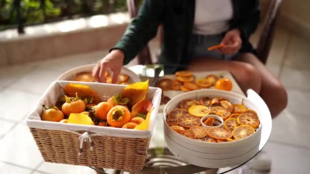 Koch Füllt Die Plastikschalen Des Fruchttrockners Mit Kaki Stücken Hochwertiges — Stockvideo