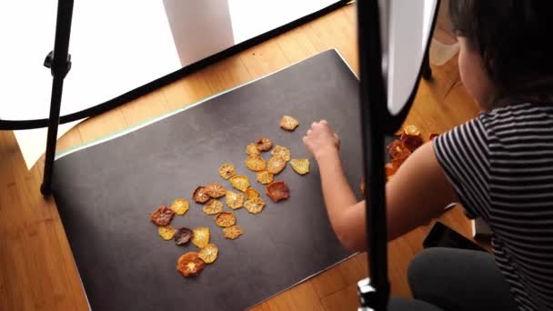Girl Photographer Lays Out Word Snack Pieces Dried Fruits Dark — Stock Video