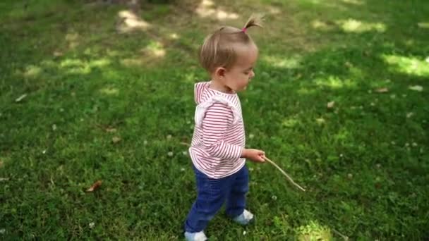 緑の草の上に立っている間 彼女の手に棒を持つ少女は変わります 高品質のフルHd映像 — ストック動画