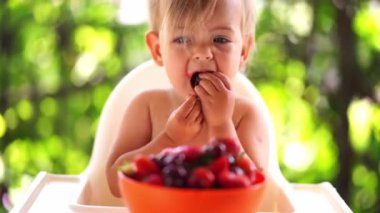 Little girl sits on a high chair and eats cherries. High quality 4k footage