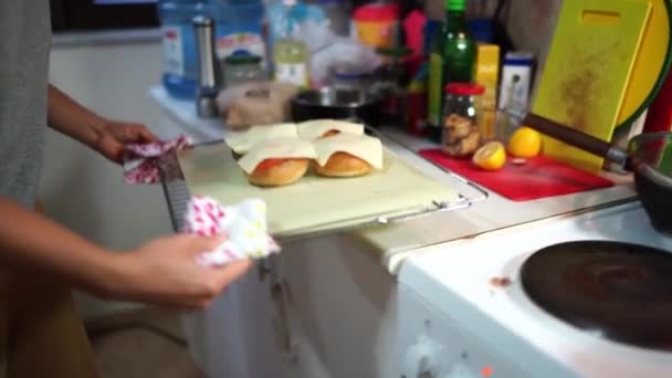 Chef Puts Baking Sheet Buns Covered Pieces Cheese Oven High — ストック動画