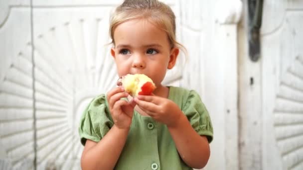 Ein Kleines Mädchen Knabbert Einem Großen Apfel Während Neben Einer — Stockvideo