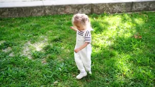 Kleines Mädchen Das Sich Auf Dem Rasen Einem Grünen Park — Stockvideo