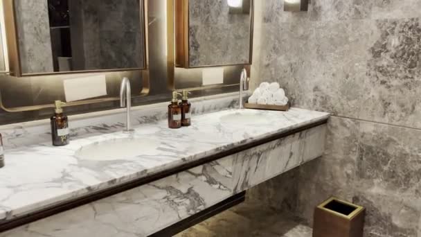 Tvättställ Marmor Med Speglar Och Belysning Badrummet Högkvalitativ Film — Stockvideo