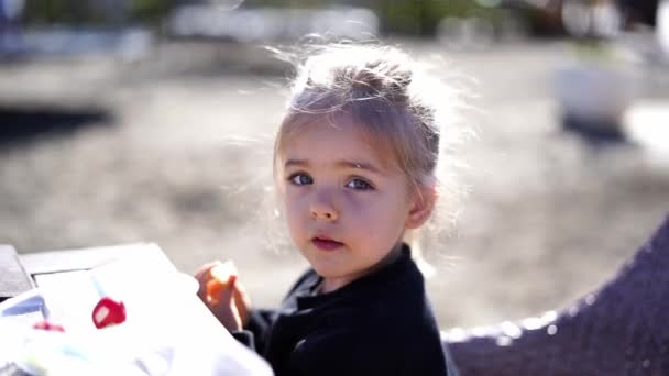 Kislány Megeszik Egy Almadarabot Miközben Parkban Kiváló Minőségű Felvételek — Stock videók
