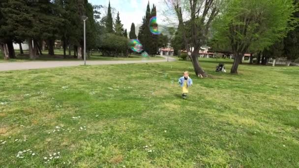 Küçük Kız Yeşil Çimlerde Koşar Sabun Köpüğü Yakalamaya Çalışır Yüksek — Stok video