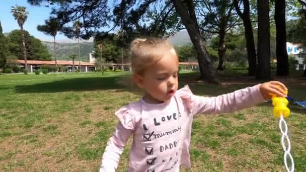 Маленькая Девочка Раскачивает Петлю Надувает Мыльные Пузыри Зеленой Лужайке Высококачественные — стоковое видео
