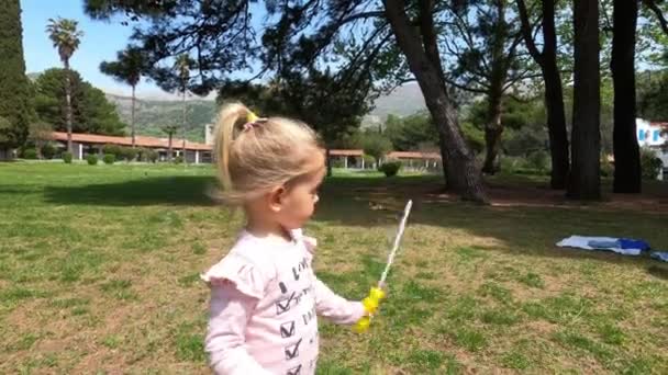Küçük Kız Oyuncak Bir Ilmeği Sallıyor Çimlere Sabun Köpüğü Üflüyor — Stok video