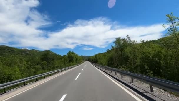 Estrada Condução Entre Árvores Verdes Com Montanhas Horizonte Imagens Alta — Vídeo de Stock