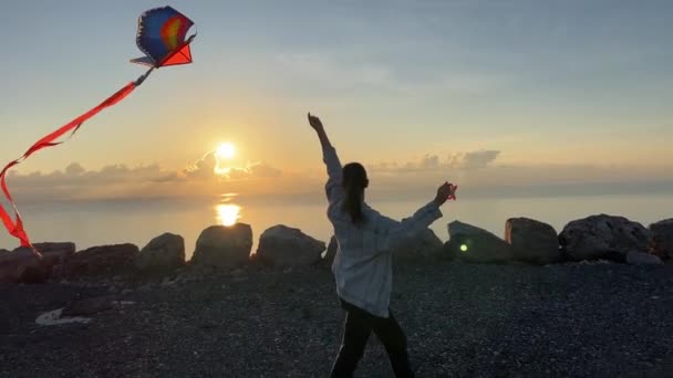 Chica Joven Camina Largo Orilla Sobre Mar Con Una Cometa — Vídeo de stock