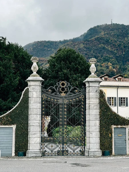 Forged openwork gate at the entrance to an old villa in a green garden. High quality photo