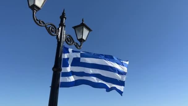 Flag Greece Flutters Wind Lantern Blue Sky High Quality Footage — Stock Video