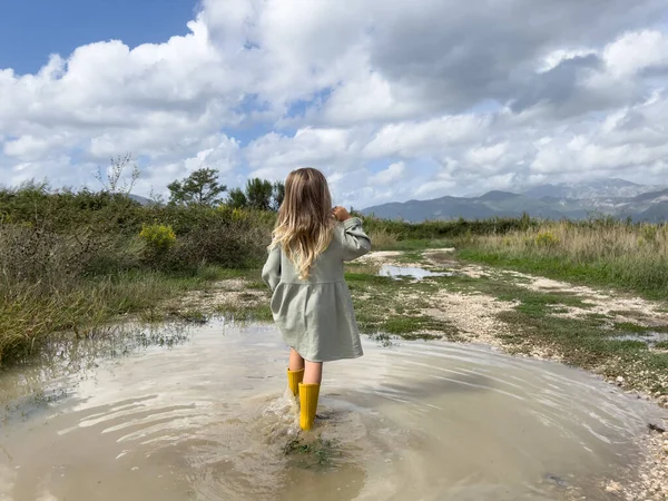 小さな女の子は田舎道に水たまりを歩いて山を見ています 高品質の写真 — ストック写真