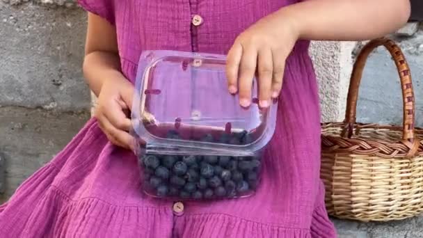 小さな女の子は透明な箱から大きなブルーベリーを食べます 収穫された 高品質4K映像 — ストック動画