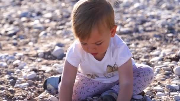 Małe Dziecko Siedzi Żwirowej Plaży Wylewa Piasek Rękami Wysokiej Jakości — Wideo stockowe