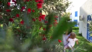 Anne, küçük kızını kollarında, çalıların üzerindeki kırmızı kalisiyum çiçeklerini gösteriyor. Yüksek kalite 4k görüntü