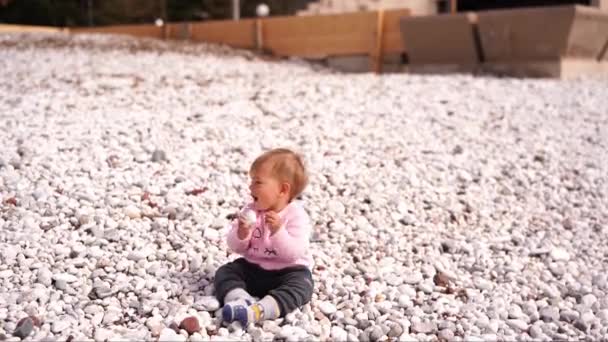 Petit Enfant Jouant Avec Des Cailloux Assis Sur Plage Images — Video