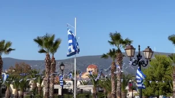 바람에 나부끼는 그리스 깃발들 위에서 거리고 야자나무들 로산들을 배경으로 유선형을 — 비디오