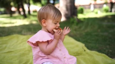 Küçük kız parkta bir battaniyeye oturur ve krep yer. Yüksek kalite 4k görüntü