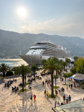 Büyük yolcu gemisi yeşil palmiye ağaçlarıyla kıyı şeridine demirlemiş. Yüksek kalite fotoğraf