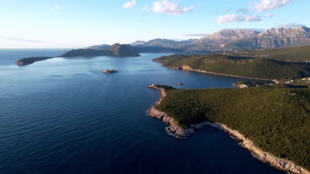 Ujścia Zatoki Kotorskiej Wyspą Mamula Zielonymi Pasmami Górskimi Drona Wysokiej — Wideo stockowe