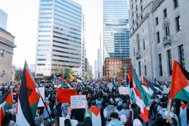 Filistinlilerin Gazze 'deki İsrail saldırısına karşı Toronto' da savaş karşıtı yürüyüş. İsrail-HAMAS savaşını barışçıl bir şekilde protesto ediyor. Protestocular bayrak sallıyor. Filistin soykırımı.