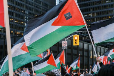 Filistinlilerin Gazze 'deki İsrail saldırısına karşı Toronto' da savaş karşıtı yürüyüş. İsrail-HAMAS savaşını barışçıl bir şekilde protesto ediyor. Protestocular bayrak sallıyor. Filistin soykırımı.