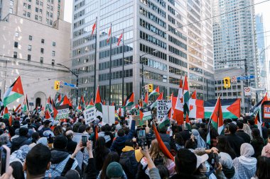 Filistinlilerin Gazze 'deki İsrail saldırısına karşı Toronto' da savaş karşıtı yürüyüş. İsrail-HAMAS savaşını barışçıl bir şekilde protesto ediyor. Protestocular bayrak sallıyor. Filistin soykırımı.