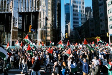 Filistinlilerin Gazze 'deki İsrail saldırısına karşı Toronto' da savaş karşıtı yürüyüş. İsrail-HAMAS savaşını barışçıl bir şekilde protesto ediyor. Protestocular bayrak sallıyor. Filistin soykırımı.
