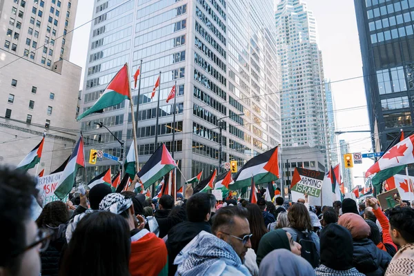 Filistinlilerin Gazze 'deki İsrail saldırısına karşı Toronto' da savaş karşıtı yürüyüş. İsrail-HAMAS savaşını barışçıl bir şekilde protesto ediyor. Protestocular bayrak sallıyor. Filistin soykırımı.