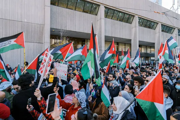 Filistinlilerin Gazze 'deki İsrail saldırısına karşı Toronto' da savaş karşıtı yürüyüş. İsrail-HAMAS savaşını barışçıl bir şekilde protesto ediyor. Protestocular bayrak sallıyor. Filistin soykırımı.