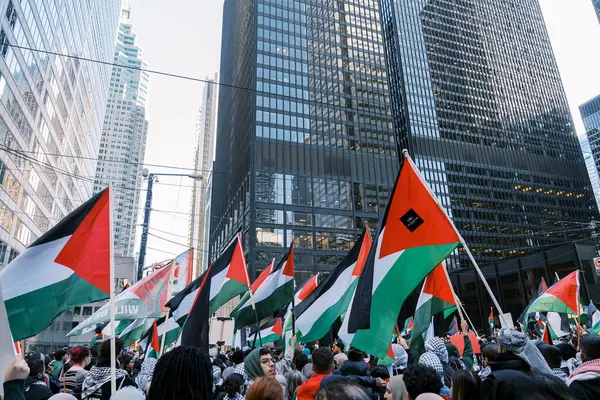 Filistinlilerin Gazze 'deki İsrail saldırısına karşı Toronto' da savaş karşıtı yürüyüş. İsrail-HAMAS savaşını barışçıl bir şekilde protesto ediyor. Protestocular bayrak sallıyor. Filistin soykırımı.
