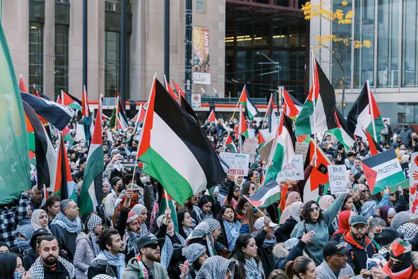 Filistinlilerin Gazze 'deki İsrail saldırısına karşı Toronto' da savaş karşıtı yürüyüş. İsrail-HAMAS savaşını barışçıl bir şekilde protesto ediyor. Protestocular bayrak sallıyor. Filistin soykırımı.