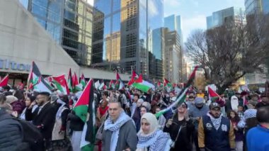 Filistinlilerin Gazze 'deki İsrail saldırısına karşı Toronto' da savaş karşıtı yürüyüş. İsrail-HAMAS savaşını barışçıl bir şekilde protesto ediyor. Protestocular bayrak sallıyor. Filistin soykırımı.