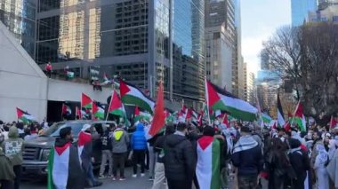 Filistinlilerin Gazze 'deki İsrail saldırısına karşı Toronto' da savaş karşıtı yürüyüş. İsrail-HAMAS savaşını barışçıl bir şekilde protesto ediyor. Protestocular bayrak sallıyor. Filistin soykırımı.