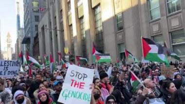 Filistinlilerin Gazze 'deki İsrail saldırısına karşı Toronto' da savaş karşıtı yürüyüş. İsrail-HAMAS savaşını barışçıl bir şekilde protesto ediyor. Protestocular bayrak sallıyor. Filistin soykırımı.